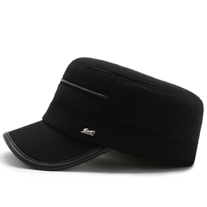 Winter wool flat top military cap for middle-aged men with leather trim and metal badge