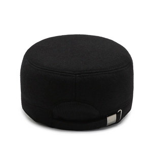 Men's winter flat top thermal military hat in black with adjustable metal buckle strap