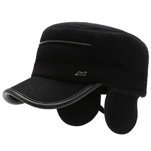 Winter thermal flat top hat for men featuring ear protection and thick wool material