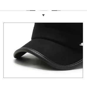 Detail of wool flat cap with leather trim and built-in brim reinforcement