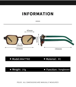 Detailed size chart for retro square sunglasses with PC frame dimensions and weight info
