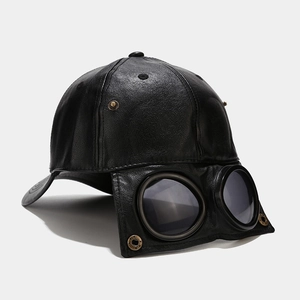 Faux leather aviator baseball cap with built-in goggles in trendy black design