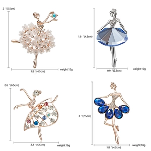 Detailed view of four ballerina brooches with dimensions and crystal rhinestone accents
