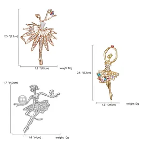 Detailed size specifications for crystal rhinestone dancing girl brooches in gold and silver