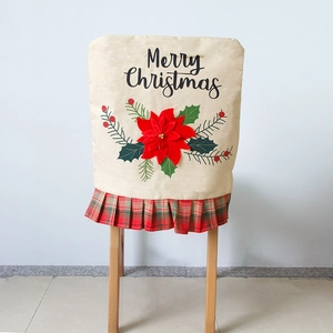 Linen Christmas chair cover with Merry Christmas embroidery and red poinsettia flower