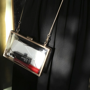 Transparent acrylic evening clutch bag with gold metal frame and detachable chain strap
