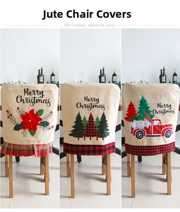 Detail of Christmas chair covers featuring rustic linen, embroidery, and festive truck motifs