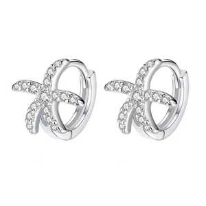 S925 sterling silver starfish hoop earrings with small sparkling crystals on white background