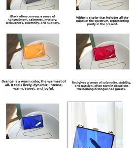 Detailed close-up of acrylic evening clutch bags with geometric facets and metal chains
