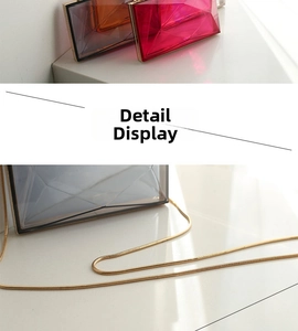 Detail view of acrylic clutch bag with geometric faceted design and gold metal chain strap