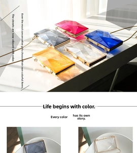 Detailed macro view of geometric acrylic evening bags with luxury gold chain shoulder straps
