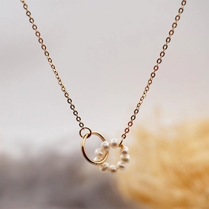 Freshwater pearl interlocking double circle necklace in gold finish for women