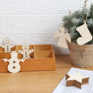Rustic unfinished wood Christmas ornaments including snowman and star shapes for DIY crafts