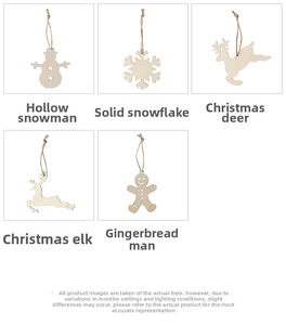 Detail of five rustic laser-cut wooden Christmas ornaments with snowflake and reindeer