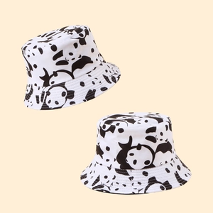 Japanese style black and white panda print bucket hat for sun protection and outdoor fashion