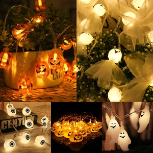 Halloween LED string lights with warm glow pumpkin, ghost, and skull shapes for party decor