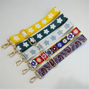 Adjustable wide replacement bag strap with floral prints and gold metal lobster clasps