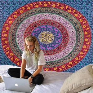 Close-up of bohemian mandala tapestry featuring colorful radial patterns and ethnic style