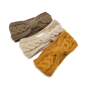 Three-piece set of twisted cable knit headbands with fleece lining and bow design