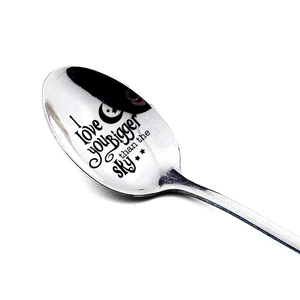 Stainless steel spoon featuring I love you Bigger than the sky engraving and star motifs