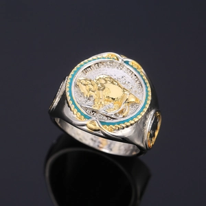 Buffalo Nickel Coin Ring Vintage Alloy Two Tone Enamel American Western Cowboy Style Jewelry For Men Women