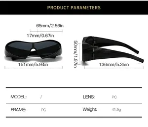 Detailed size guide and technical specifications for steampunk futuristic shield sunglasses