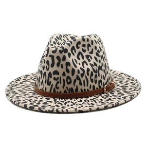 British style leopard print wool fedora hat with brown leather belt and gold buckle decor