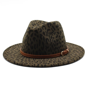 British style leopard print wool fedora hat with brown leather band and gold buckle