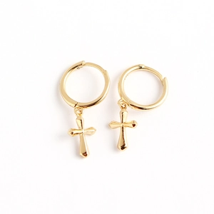 S925 sterling silver gold plated cross hoop earrings with a minimalist polished finish