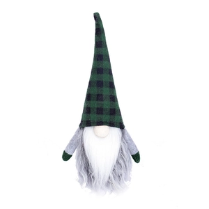 Detailed view of green plaid Christmas gnome plush with grey body and soft white beard