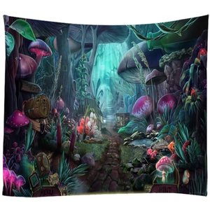 Tapisserie de forêt fantastique avec champignons lumineux et décor de paysage mystique