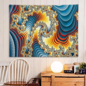 Détail macro d'une tapisserie murale avec motifs géométriques fractals bleu et orange