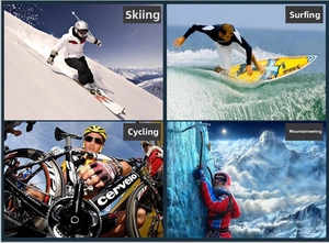 Outdoor sports sunglasses shown in skiing, surfing, cycling, and climbing scenes