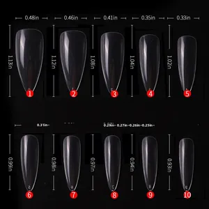 Detailed size chart showing dimensions for clear long stiletto fake nail tips