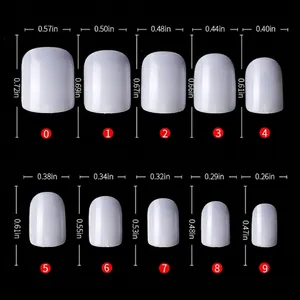 Size chart for 500pcs square round nail tips showing 10 sizes in inches on black background