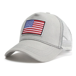 Grey American flag trucker hat with breathable mesh and embroidered patch design