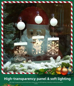 Close-up of LED Christmas window suction lights with snowman and Santa acrylic panels