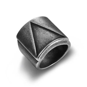 Nordic vintage silver wide stainless steel ring with engraved triangle geometric design