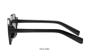 Vue latérale détaillée des lunettes de soleil noires à monture épaisse et branches larges