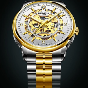 Macro shot of silver and gold dual-tone mesh watch band and skeleton dial with diamonds
