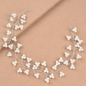 Handmade 30cm bridal pearl headband hair vine with silver wire and white flower beads