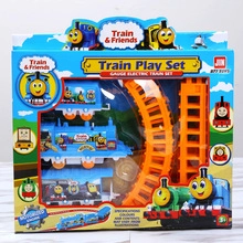 Colorful electric train play set in packaging with tracks and motorized engine