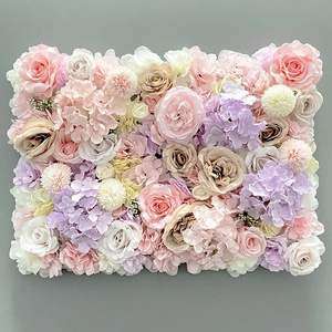 Artificial flower wall panel with pink roses and hydrangeas for wedding backdrop decor