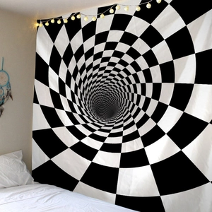 Modern geometric wall tapestry with black and white checkerboard spiral optical illusion