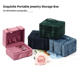 Detail view of portable velvet jewelry boxes in four colors with button snap and handle