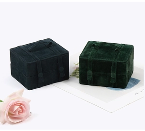 Portable velvet jewelry organizers in navy blue and dark green with snap handles