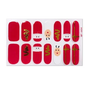 Cute Christmas nail stickers with Santa, reindeer and gold tree designs, 14 pieces set