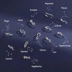 Detailed view of silver-plated zodiac rings featuring cubic zirconia constellation patterns