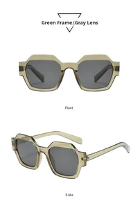 Vue détaillée de lunettes de soleil géométriques vert olive avec verres gris de face et profil