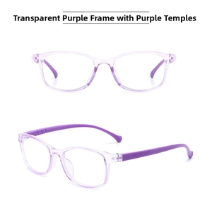Dettaglio montatura viola trasparente per bambini con stanghette ondulate e filtro luce blu